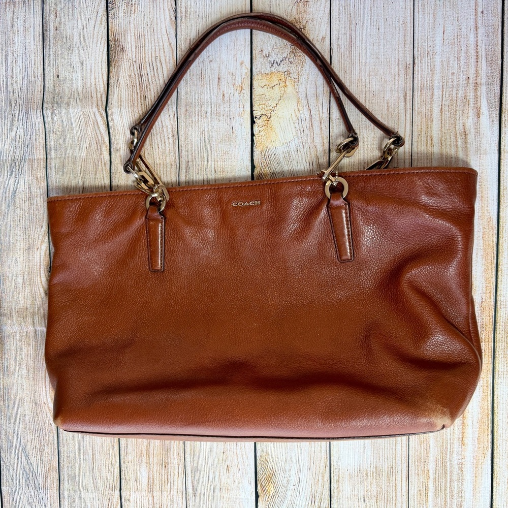 Coach Madison Leather East West Tote Brown Pebbled Leather Bag Red Interior - Picture 8 of 15